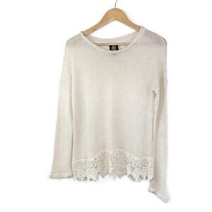 Bobeau Sweater Woman Size M Tan Open Knit Long Sleeve Crew Neck Pullover